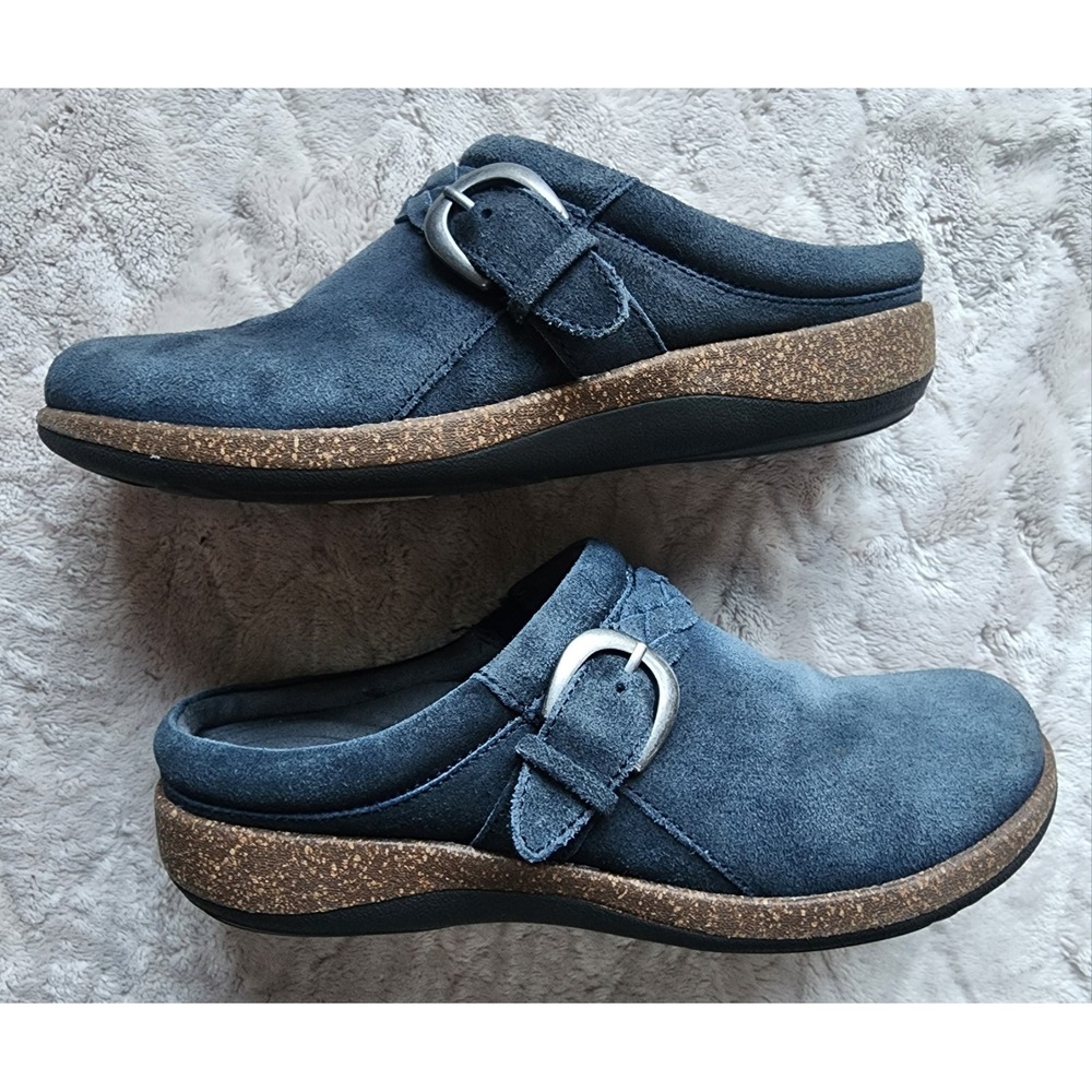 Aetrex Womens Libby Braided Comfort Clogs Navy Suede Orthotic Support Size 7